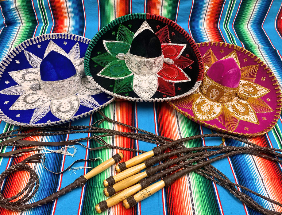 FIESTA PACK! 12 PC. Traditional Sombrero and Bull whip combo!