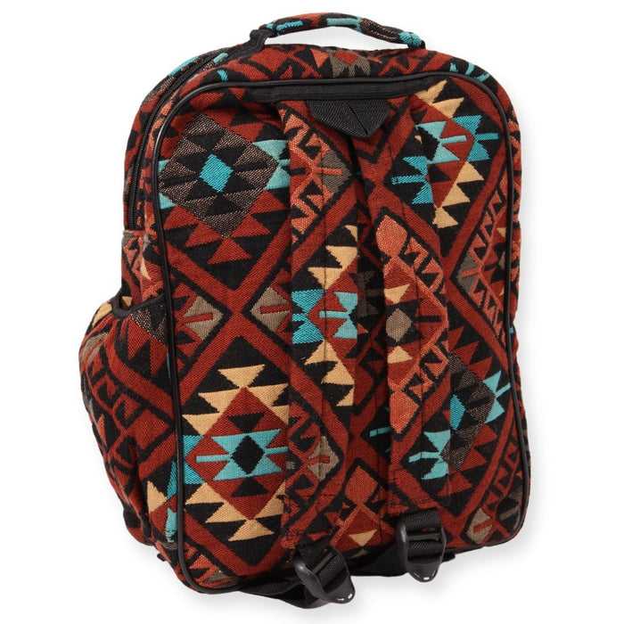 Southwest style backpack in rust, black, and light turquoise.
