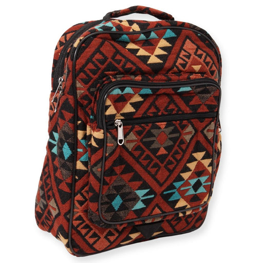 Southwest style backpack in rust, black, and light turquoise.