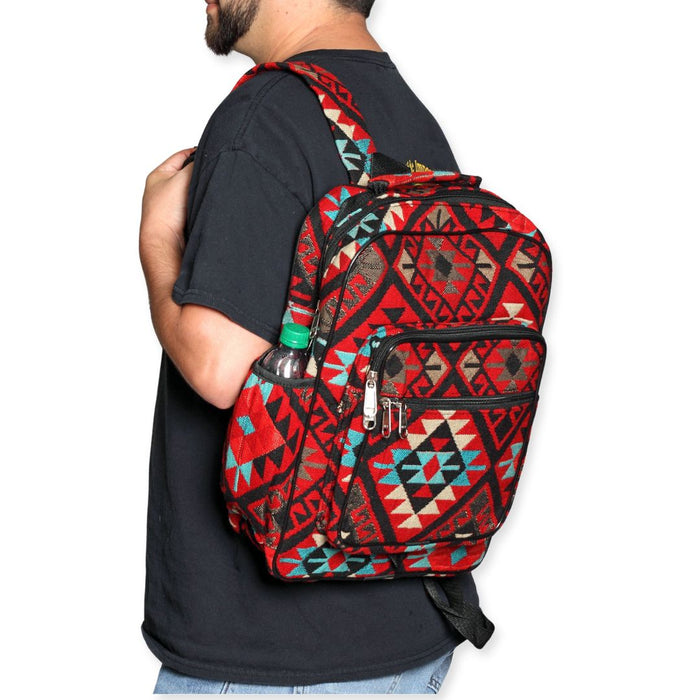 Southwest style backpack in red, black, beige, and light turquoise.