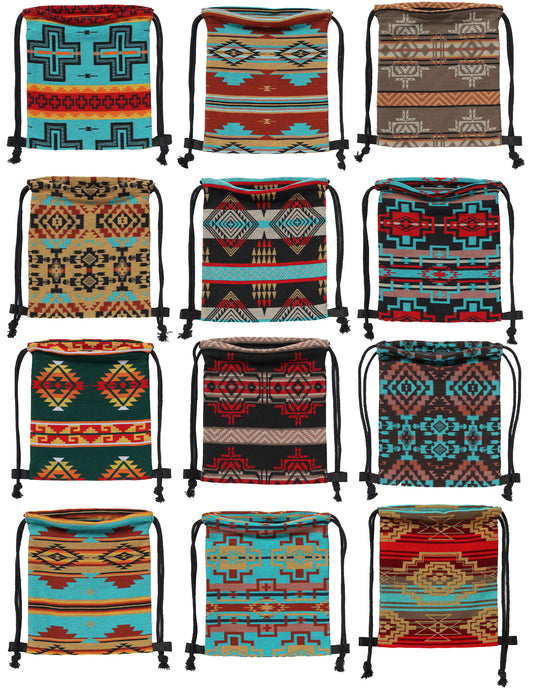 Southwest style drawstring backpack in assorted designs.