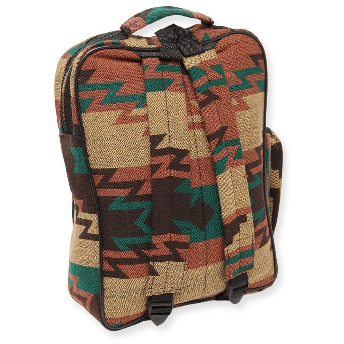 Southwest style backpack in camel, tan, dark brown, and green.
