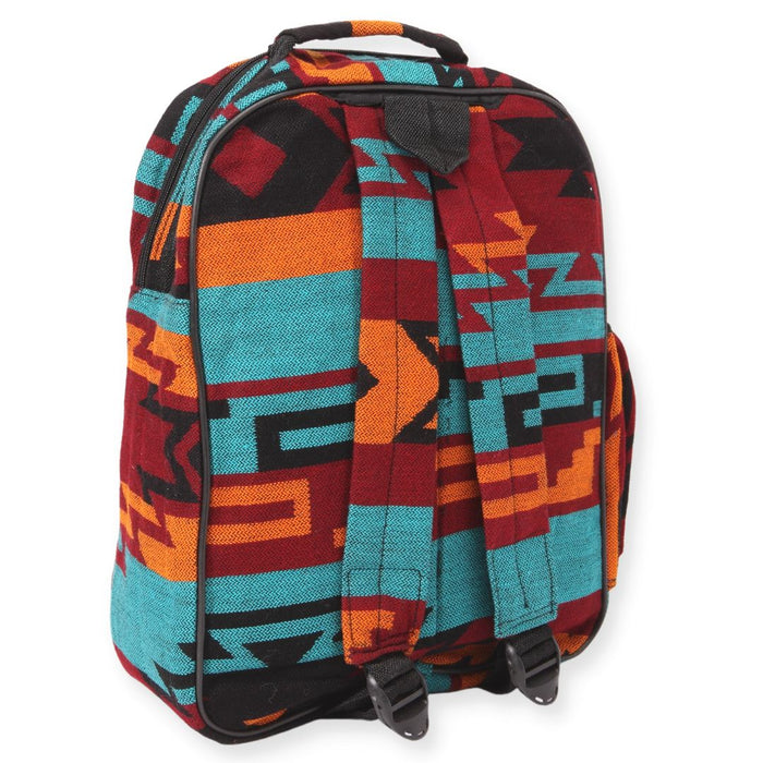 Southwest style backpack in teal, orange, maroon, and black.