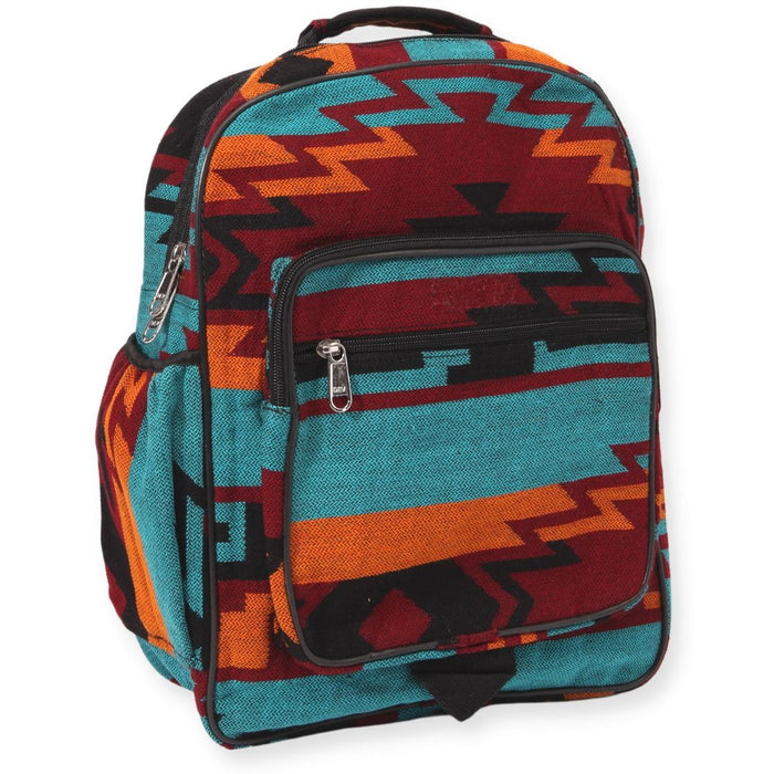 Southwest style backpack in teal, orange, maroon, and black.