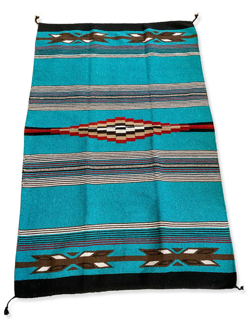 Handwoven Cantina Throw Rugs 4' x 6' in teal, black, and beige. Southwest design.