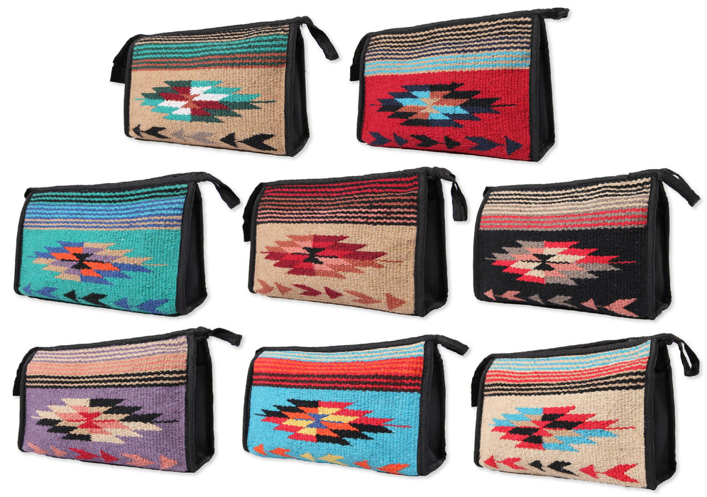 16 pack cotton southwest style makeup bags in an assortment of colors.