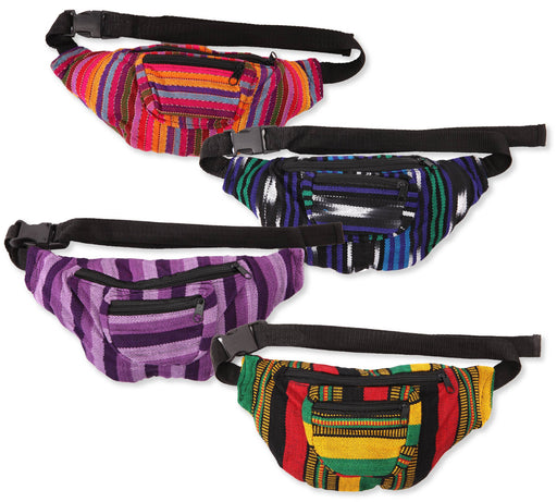 Colorful cotton fanny packs in assorted stripe patterns.