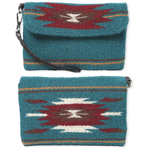 Wool Wristlet Purse with removeable strap in turquoise color.
