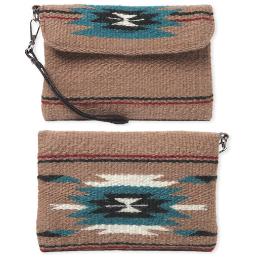 Wool Wristlet Purse with removeable strap in camel color.