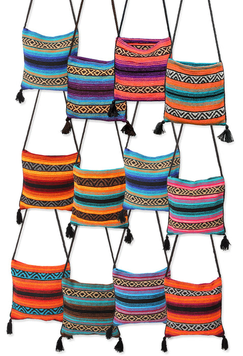 12 pack Fiesta hippie style crossbody bags in assorted vibrant colors.