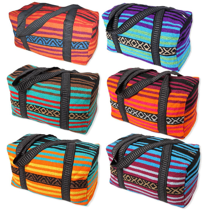 Assorted Weekender Bags in bright and vibrant psychedelic colors.