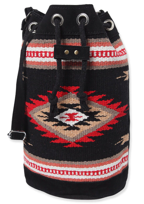 Southwest style cotton Bucket Bag in black, red, white, and camel.