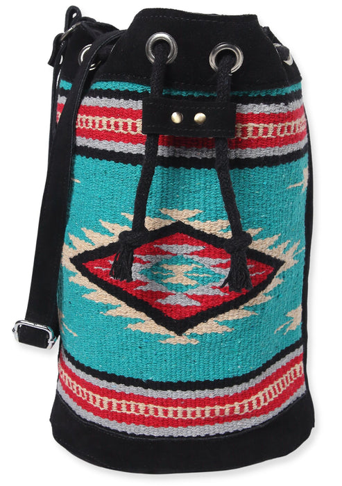 Southwest style cotton Bucket Bag in teal, red, black, and light grey.