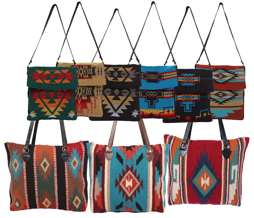 An assortment of Southwest Shoulder Bags and wool Maya Modern Purses.