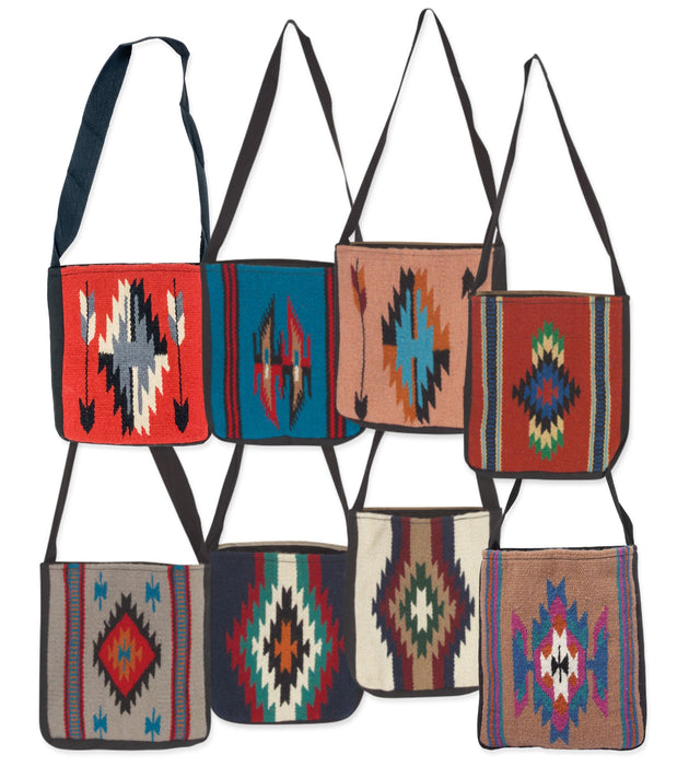 16 pack colorful assortment of wool Chimayo style tote bags.