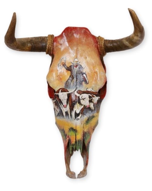 Southwest style rodeo hand-painted cow skull. Cattle Round Up