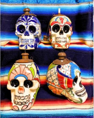 4 PACK Talavera-Style Sugar Skull Oil Lamps.