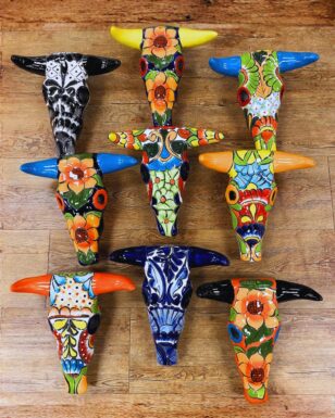 4 Pack Talavera-Style Cow Skull Wall Decor.