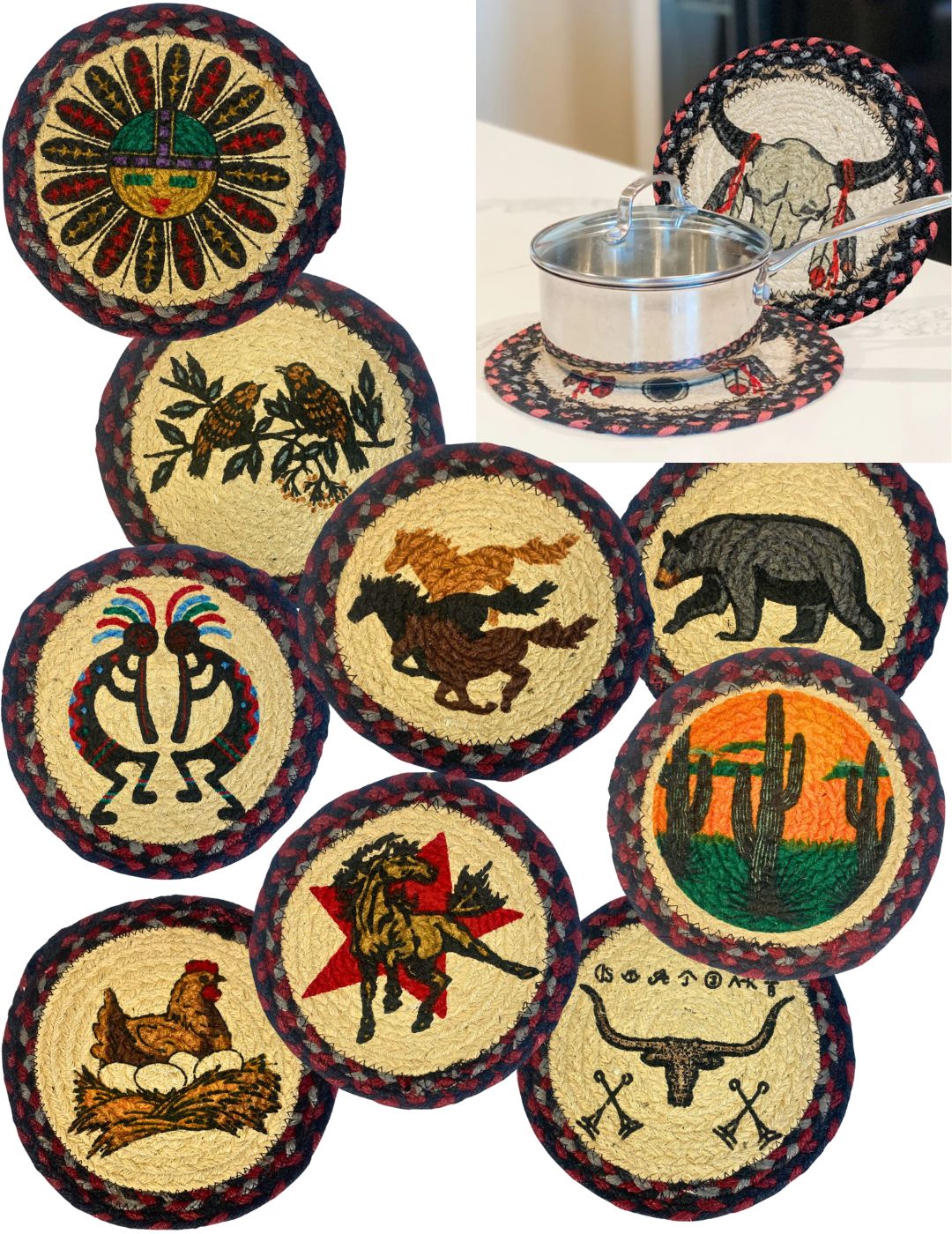 20 Assorted Braided Jute Round Trivets.