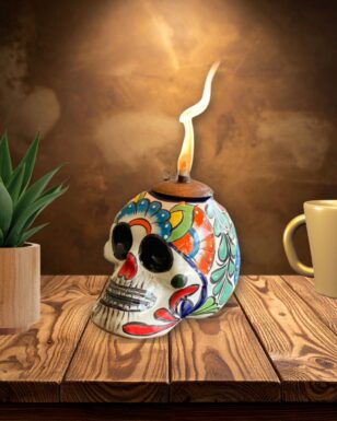 Talavera-Style Sugar Skull Oil Lamps