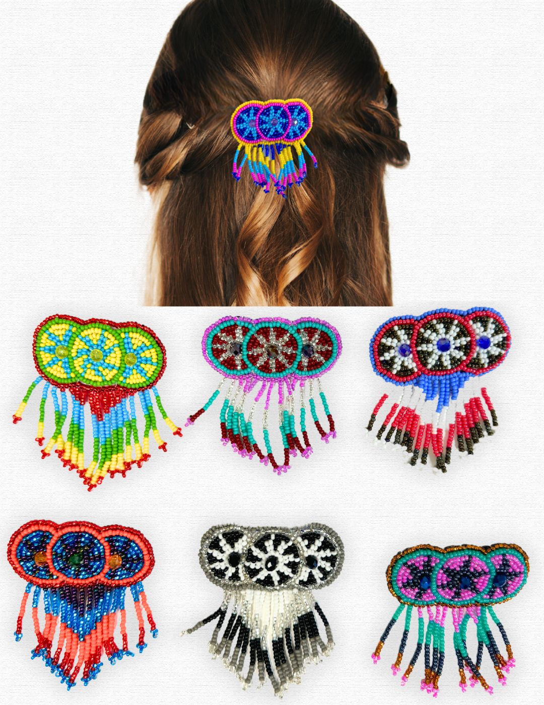 <FONT COLOR="RED">FAST SELLER!!</FONT> 12 PACK Beaded 3 Circle Fringed Hair Clips!
