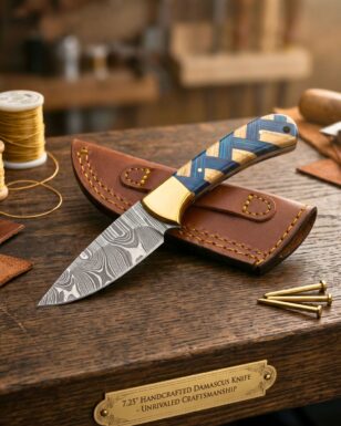 Damascus Skinner Knife with Leather Sheath