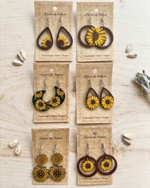 WOOD LG SUNFLOWER EARRING