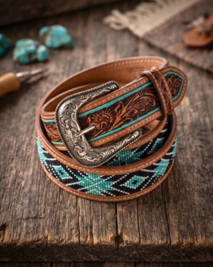 Western Beaded & Tooled Leather Belt - 1