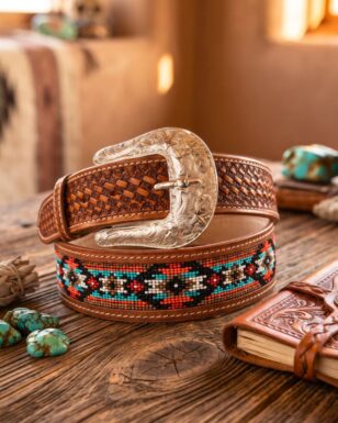 Western Beaded & Tooled Leather Belt - 2