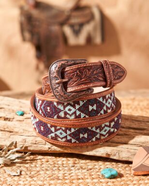 Western Beaded & Tooled Leather Belt - 3