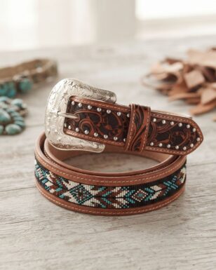 Western Beaded & Tooled Leather Belt - 4