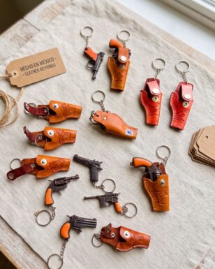 Mini Gun & Handmade Leather Holster Keychain